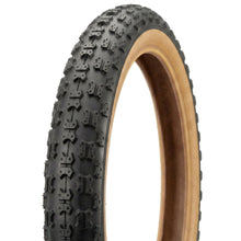 Load image into Gallery viewer, 16 x 1.75 gumwall bike tyre with black tread and tan sidewalls, shown at a three-quarter angle.