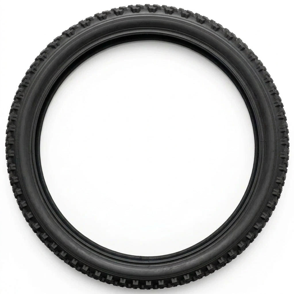 26 x 1.75 Raider mountain bike tyre laid flat to show its circular shape and overall profile.
Copy image titleCopy alt text