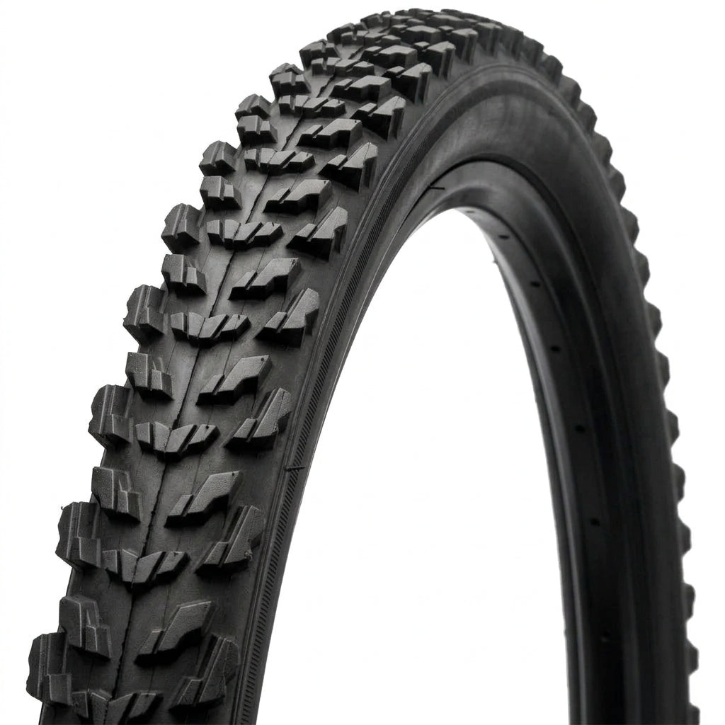 26 x 1.75 MTB tyre shown at an angle to display the Raider tread and tyre sidewall.
Copy image titleCopy alt text
