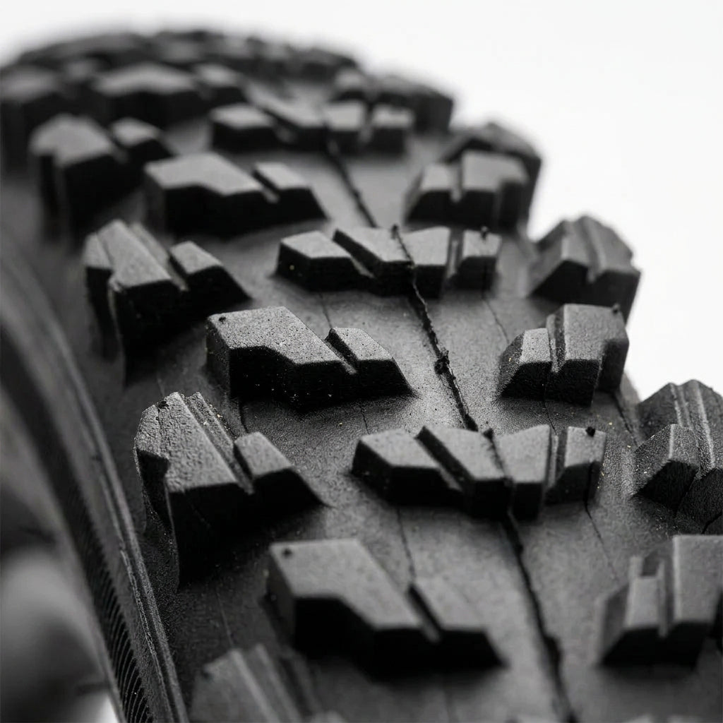 Close-up of the Raider MTB tyre tread pattern on a 26 x 1.75 mountain bike tyre.
Copy image titleCopy alt text