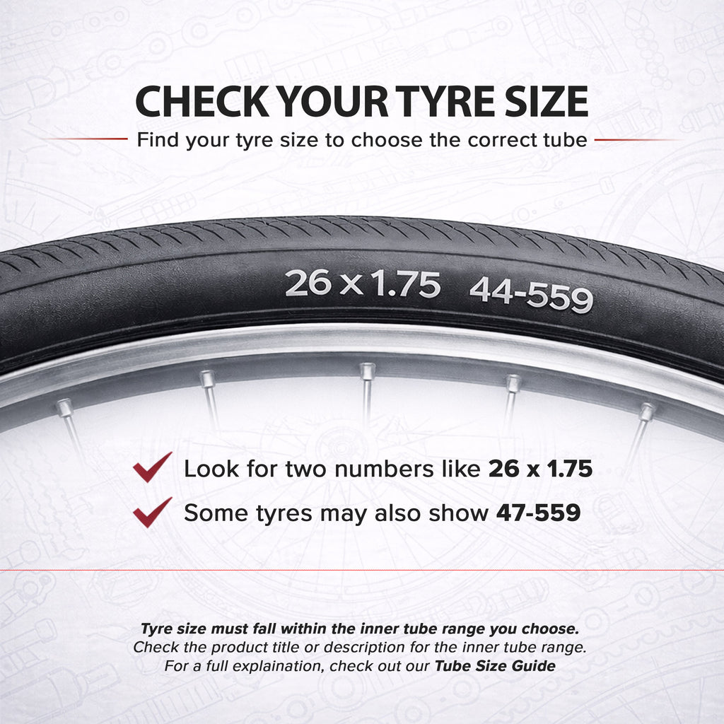 Inner tube size guide with tyre image and sidewall specification