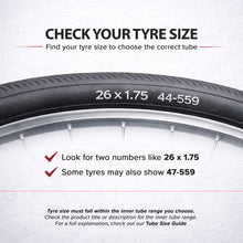 Load image into Gallery viewer, Inner tube size guide with tyre image and sidewall specification