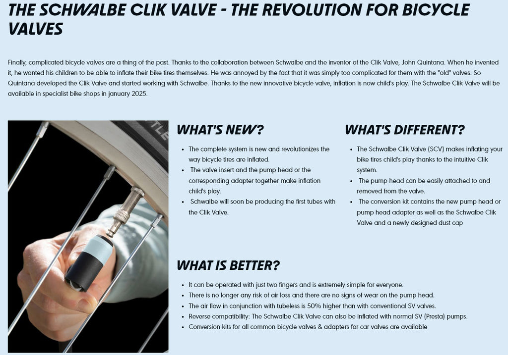 Schwalbe Clik Valve Conversion Kit – Presta to Clik Valve (2 Valves Only)