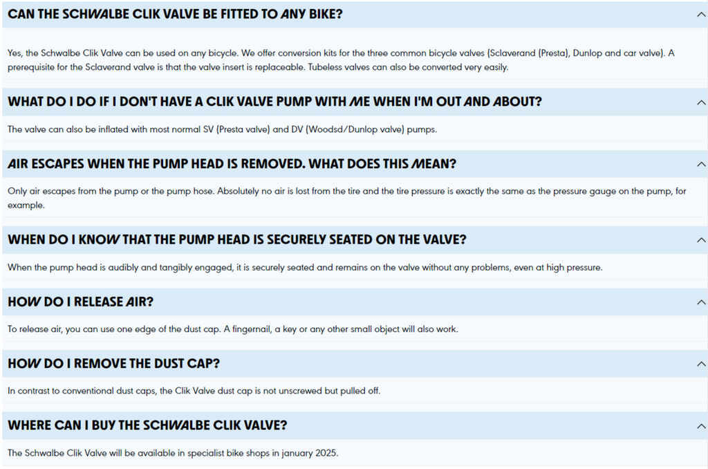 Technical support text for Schwalbe Clik valve on a light blue background