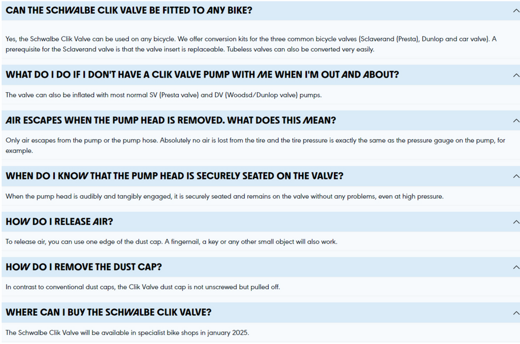 FAQ page about Schwalbe Clik valve for bicycles on a light blue background