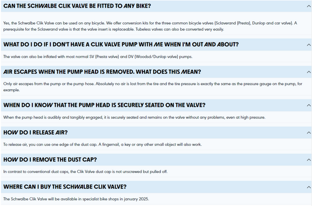 Technical support text for Schwalbe Clik Valve on a light blue background