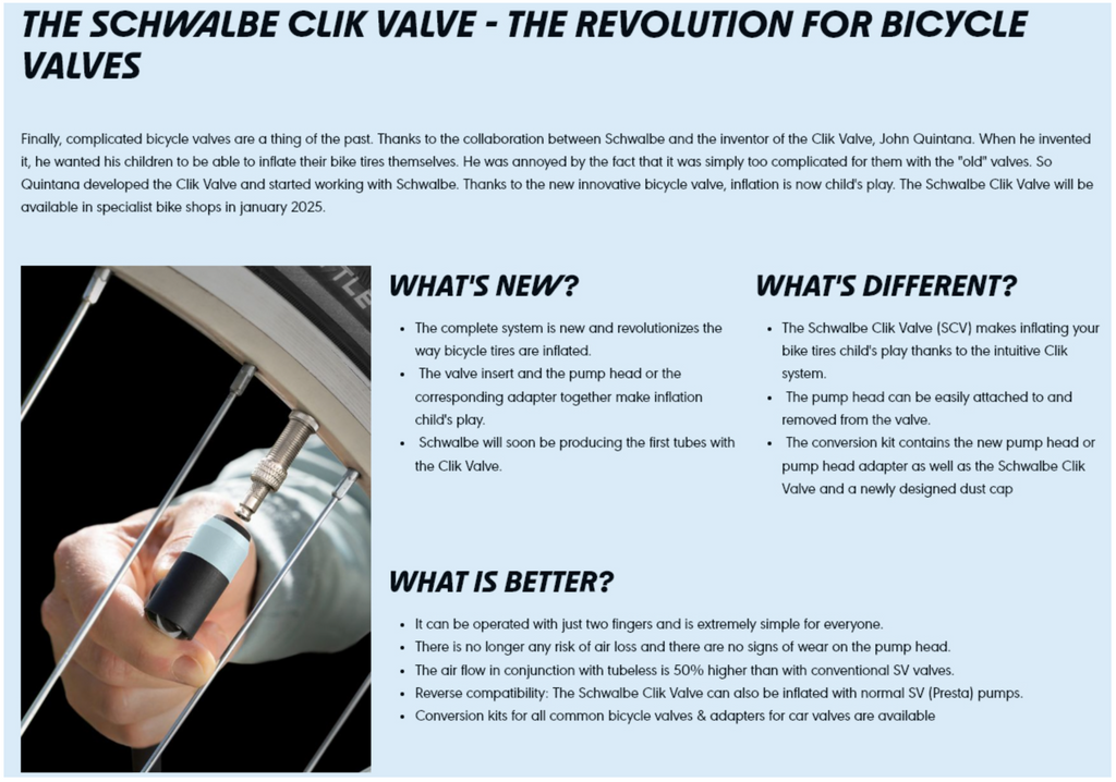 Promotional text about Schwalbe Clik Valve for bicycle valves with a hand holding a valve.