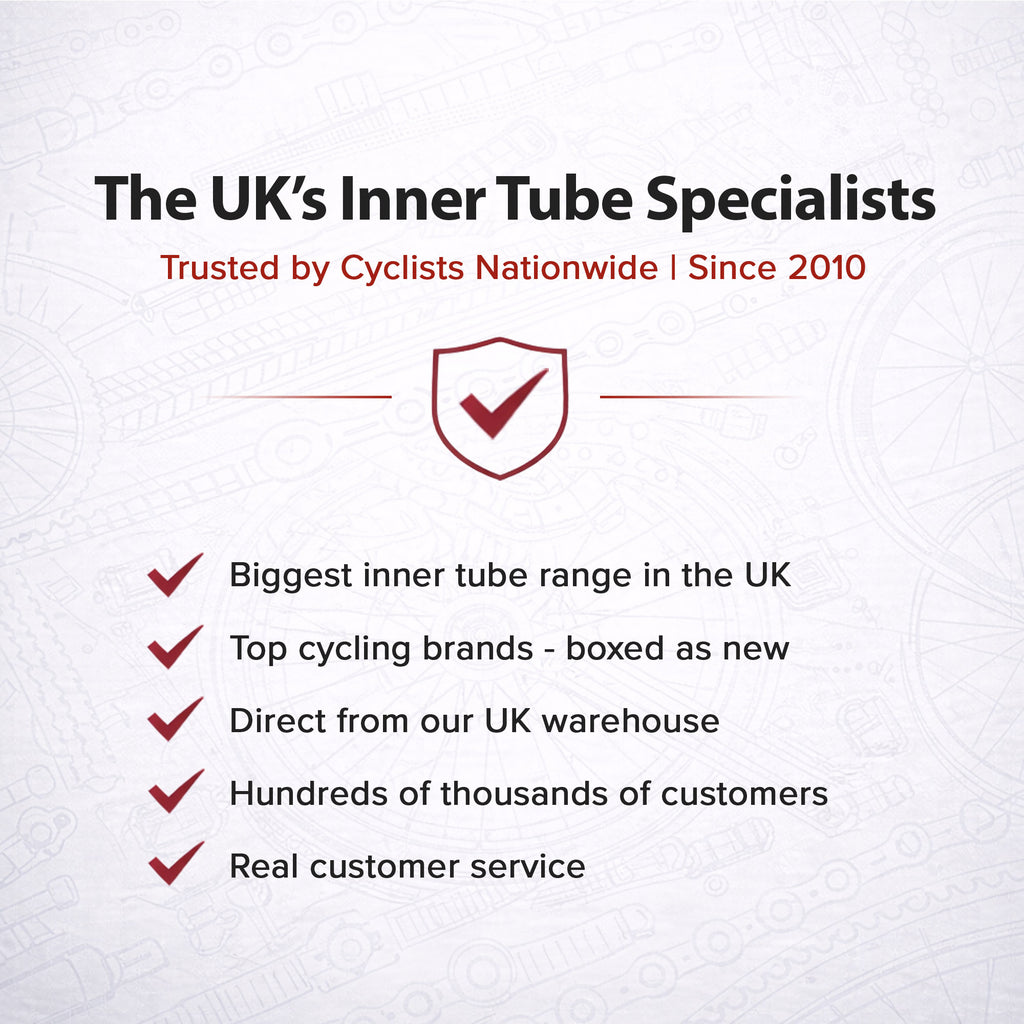 Promotional text for 'The UK's Inner Tube Specialists' with a shield icon and listed benefits on a white background.