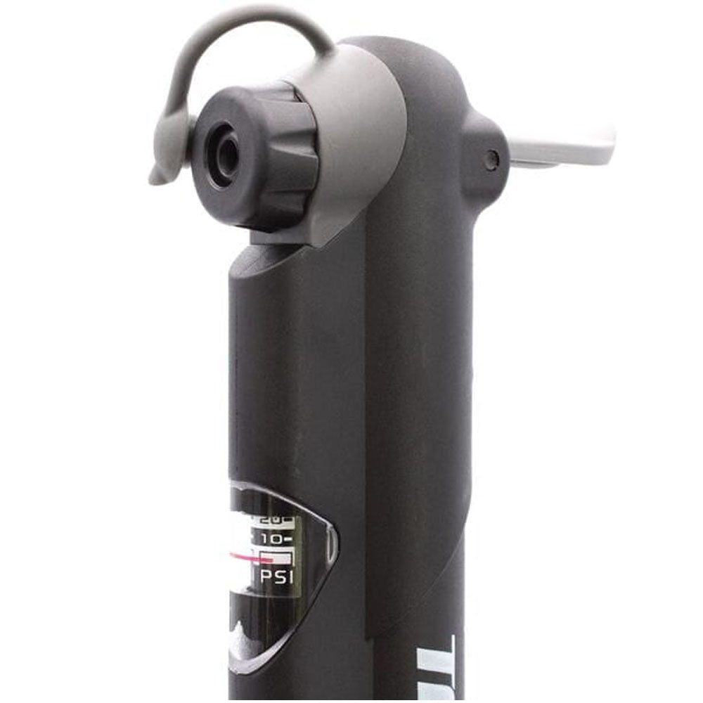 TruFlo Micro 5G mini bike pump with gauge nozzle closeup