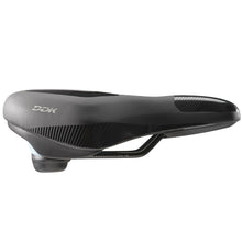 Load image into Gallery viewer, DDK black extra-wide cutaway suspension bike saddle side view