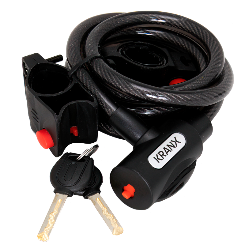Keyed cable lock Durable PVC coating Quick release ABS bracket Rugged twisted steel construction Zinc alloy cylinder